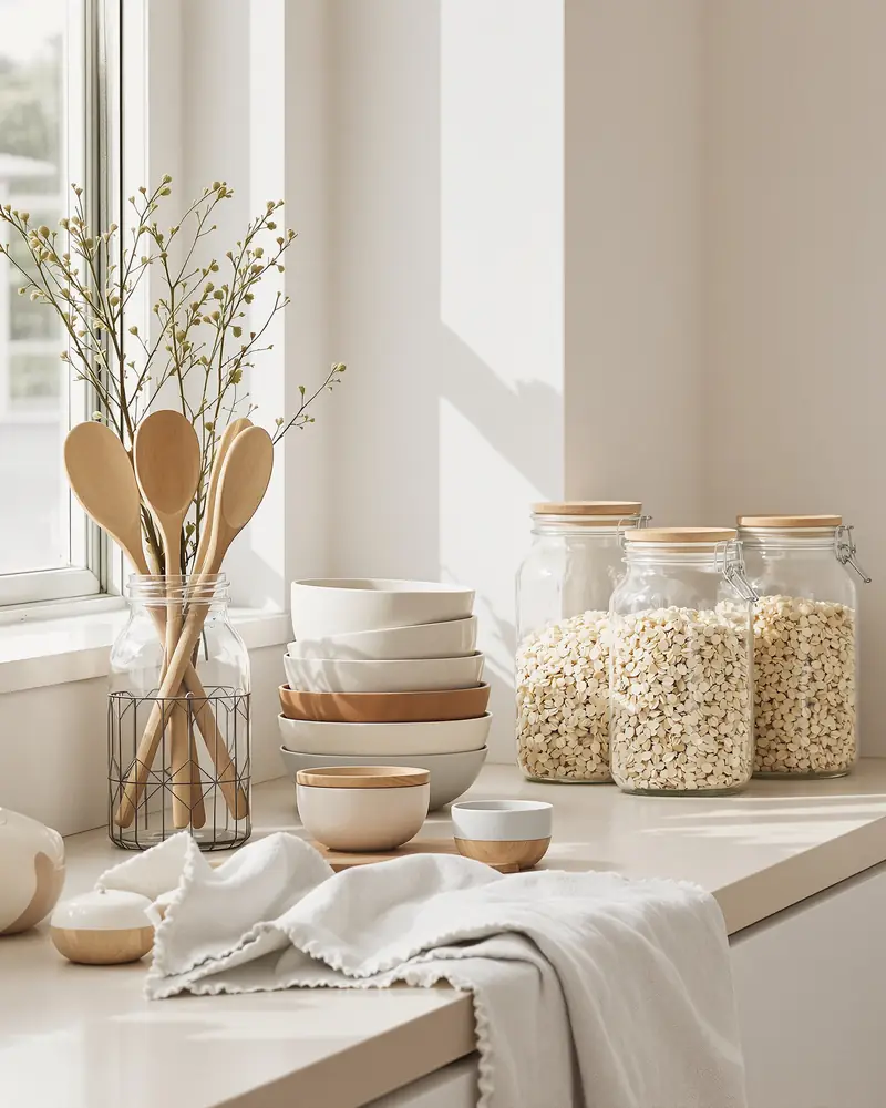 A quiet kitchen counter with ceramic bowls and glass jars