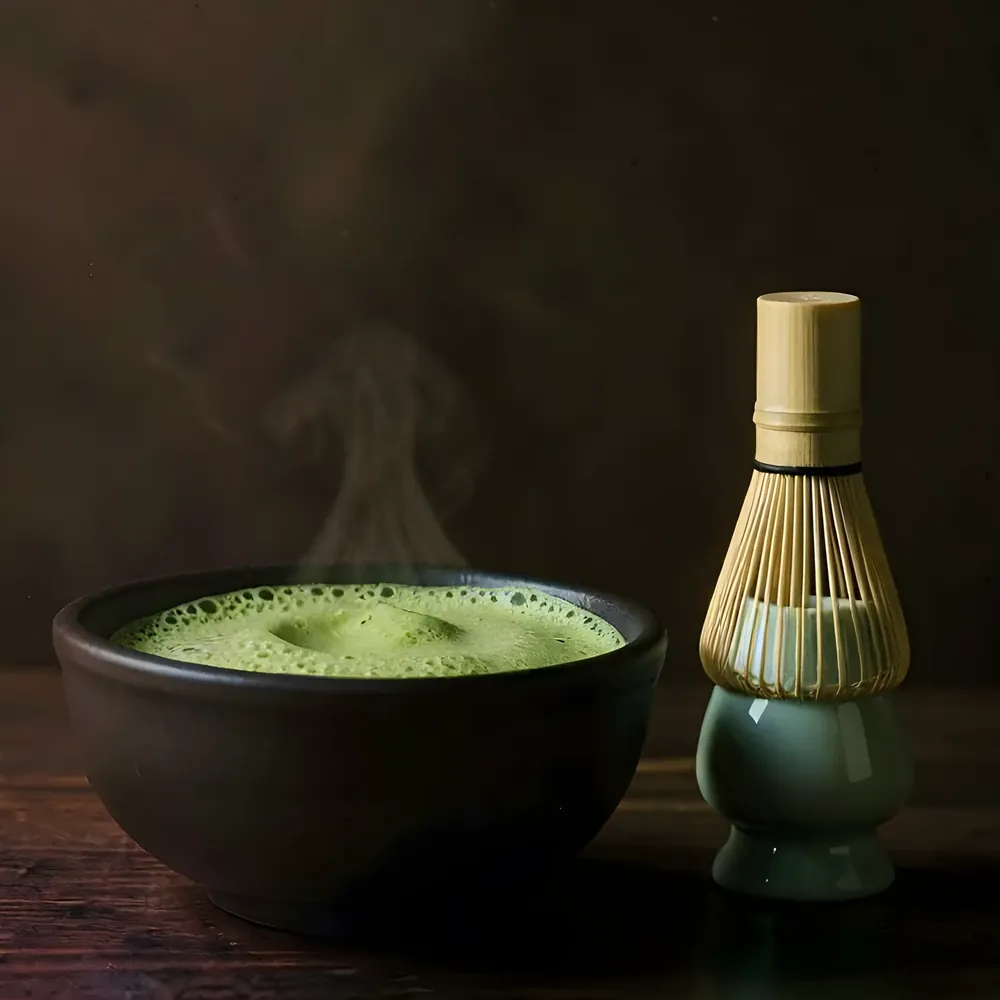 A bowl of whisked matcha beside the whisk resting on its holder