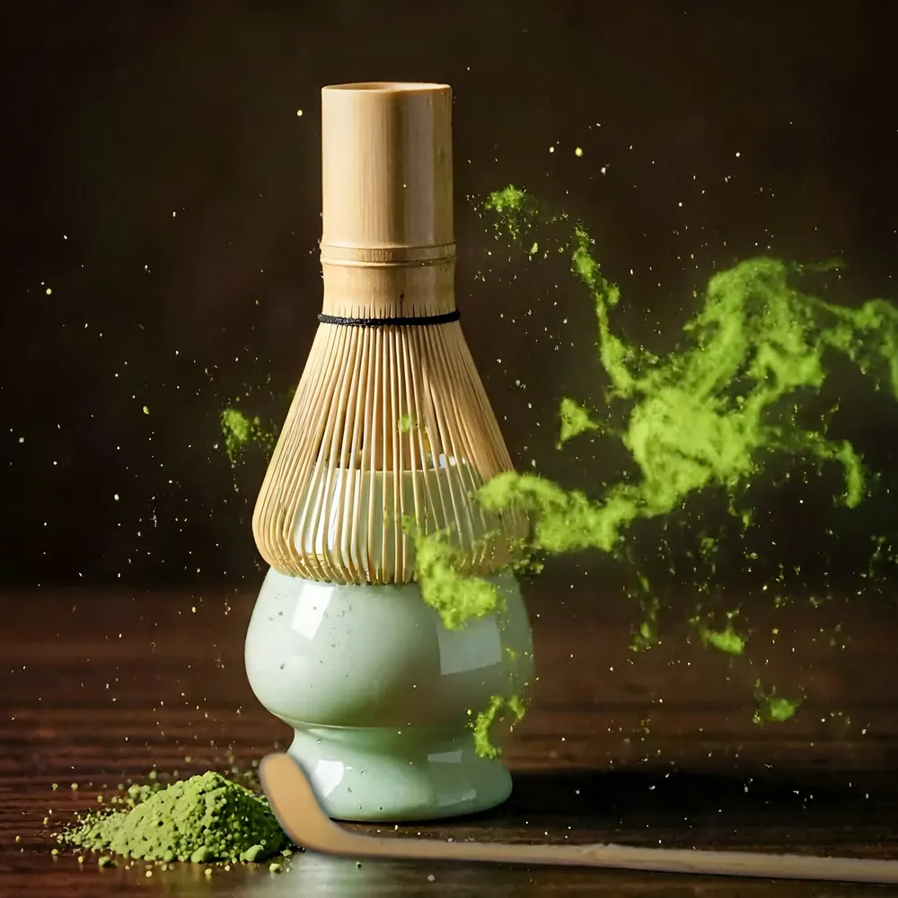 Matcha powder drifting through the whisk on its holder, the scoop on the walnut table
